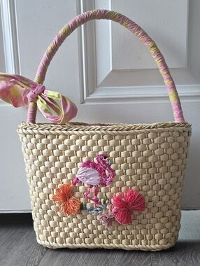 Straw Basket Bag Flamingo Embroidered Raffia Pom Pom Trop Pink Cotton Lined